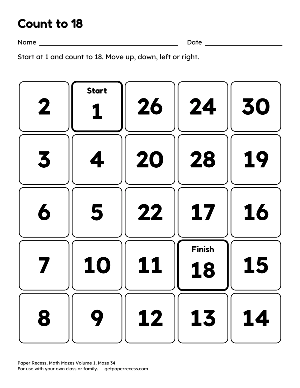 Math Mazes Volume 1, Maze 34: Count to 18
