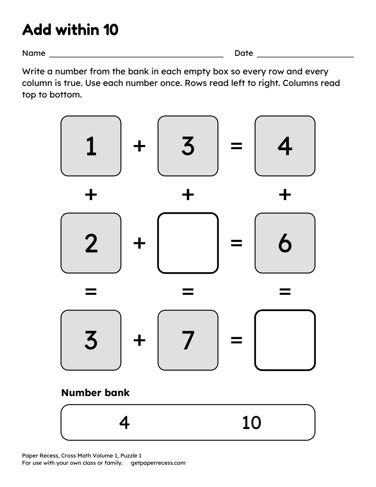 Cross Math Volume 1, Puzzle 1: Add within 10