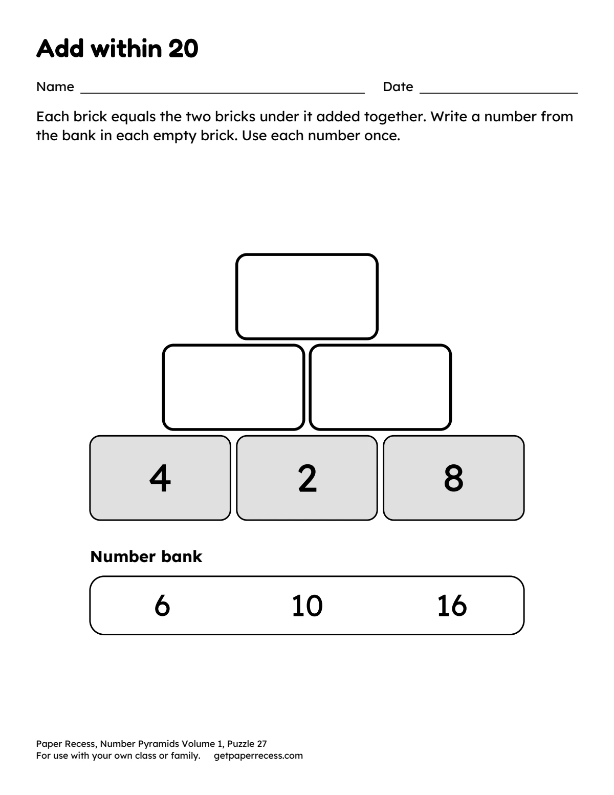Number Pyramids Volume 1, Puzzle 27: Add within 20