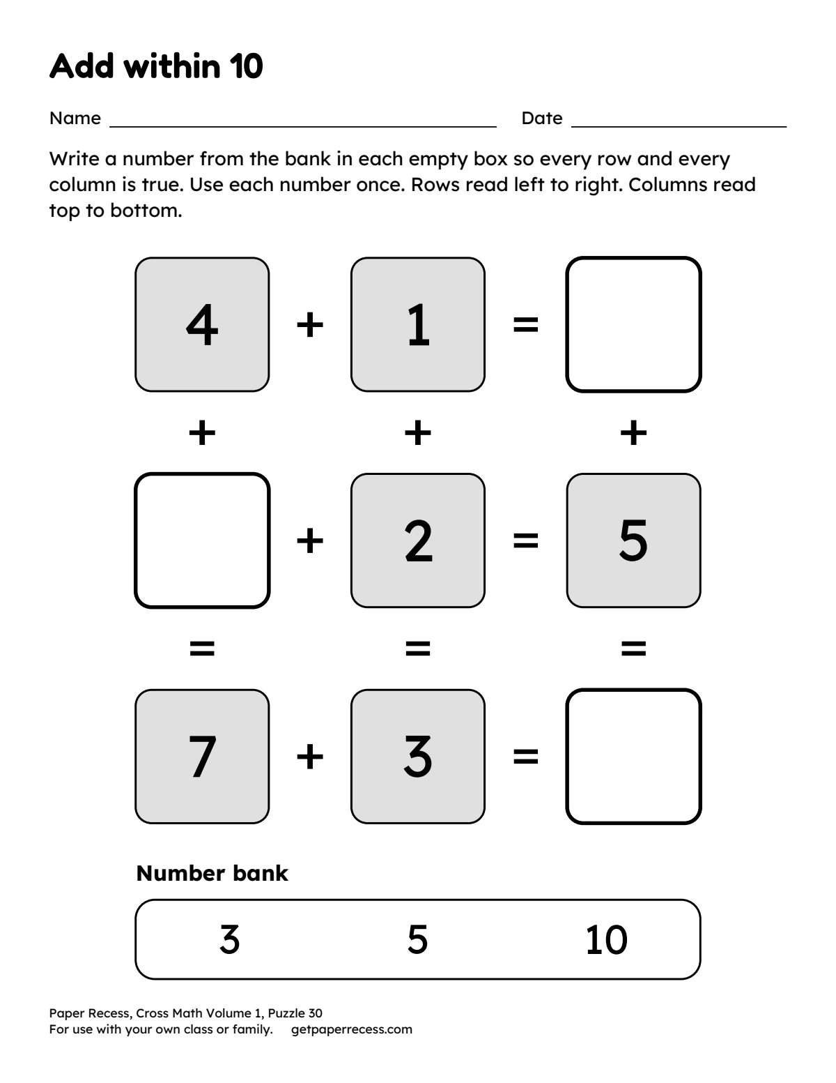 Cross Math Volume 1, Puzzle 30: Add within 10