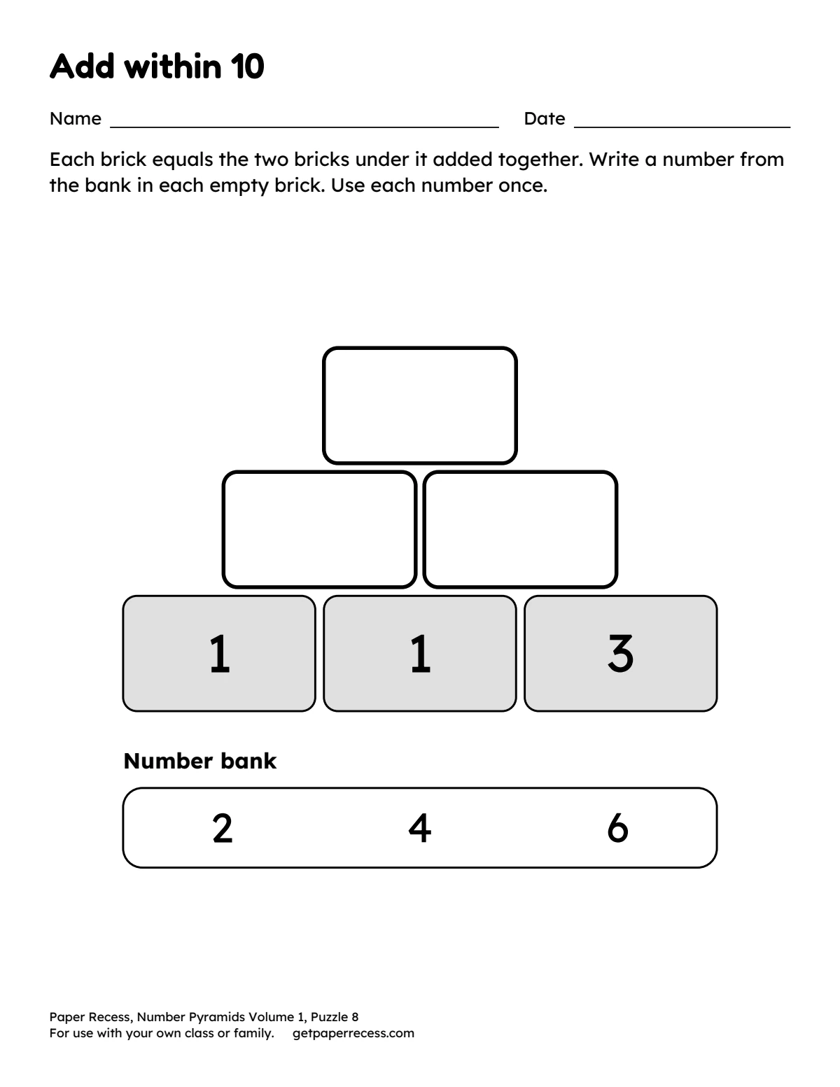 Number Pyramids Volume 1, Puzzle 8: Add within 10