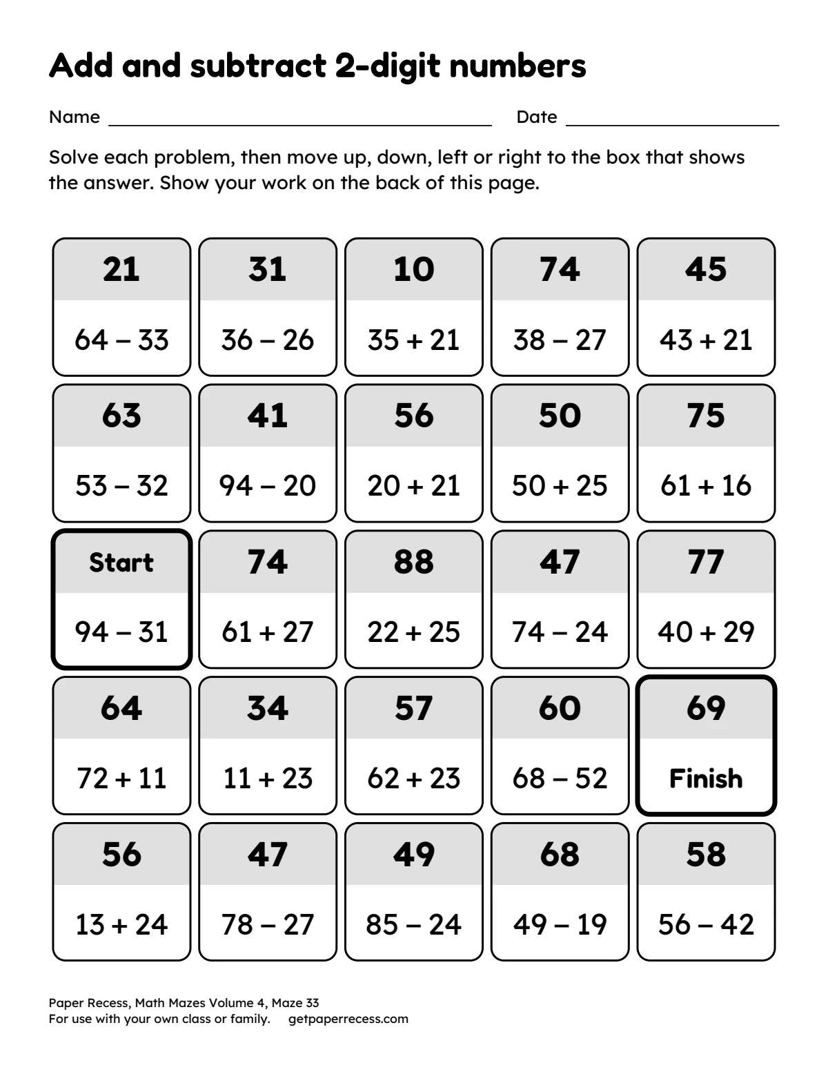 Math Mazes Volume 4, Maze 33: Add and subtract 2-digit numbers