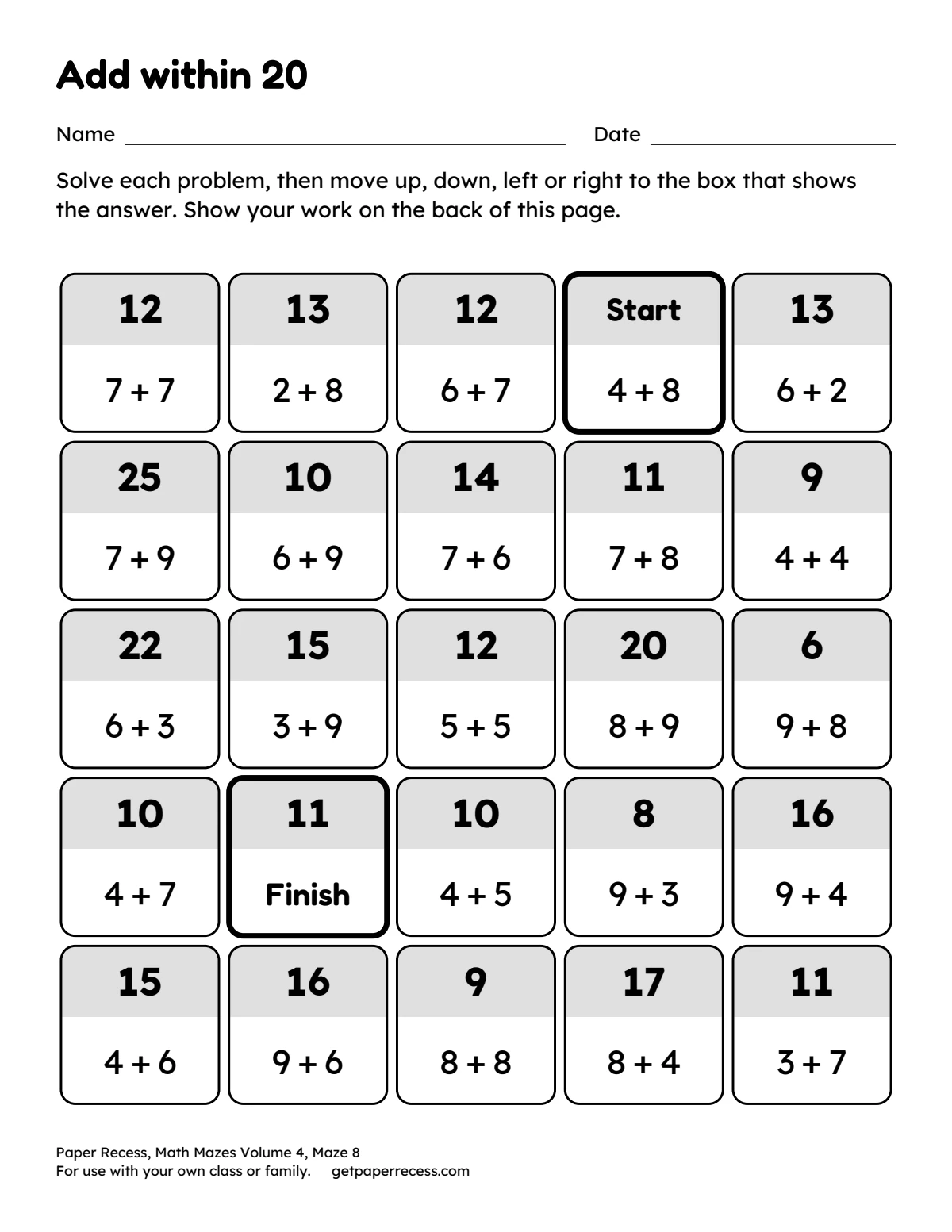 Math Mazes Volume 4, Maze 8: Add within 20