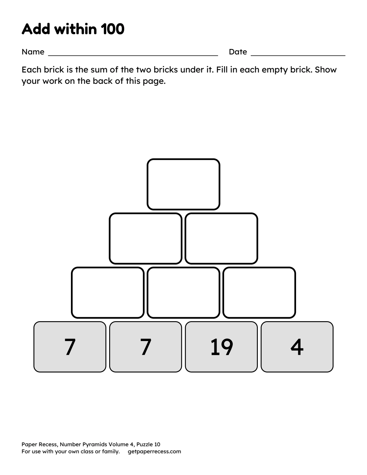 Number Pyramids Volume 4, Puzzle 10: Add within 100