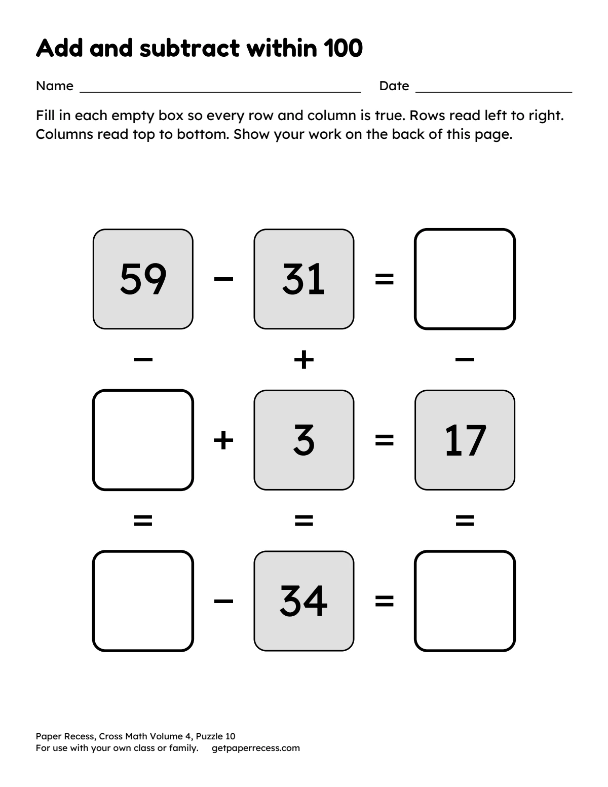 Cross Math Volume 4, Puzzle 10: Add and subtract within 100