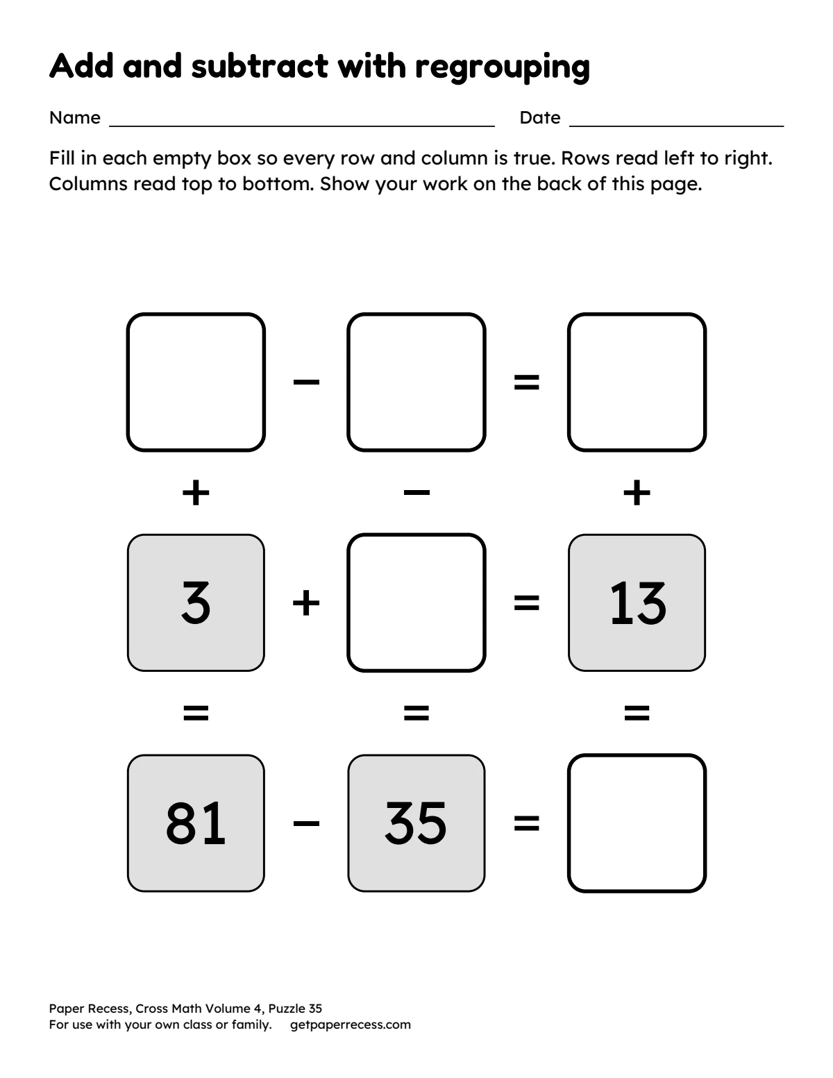 Cross Math Volume 4, Puzzle 35: Add and subtract with regrouping