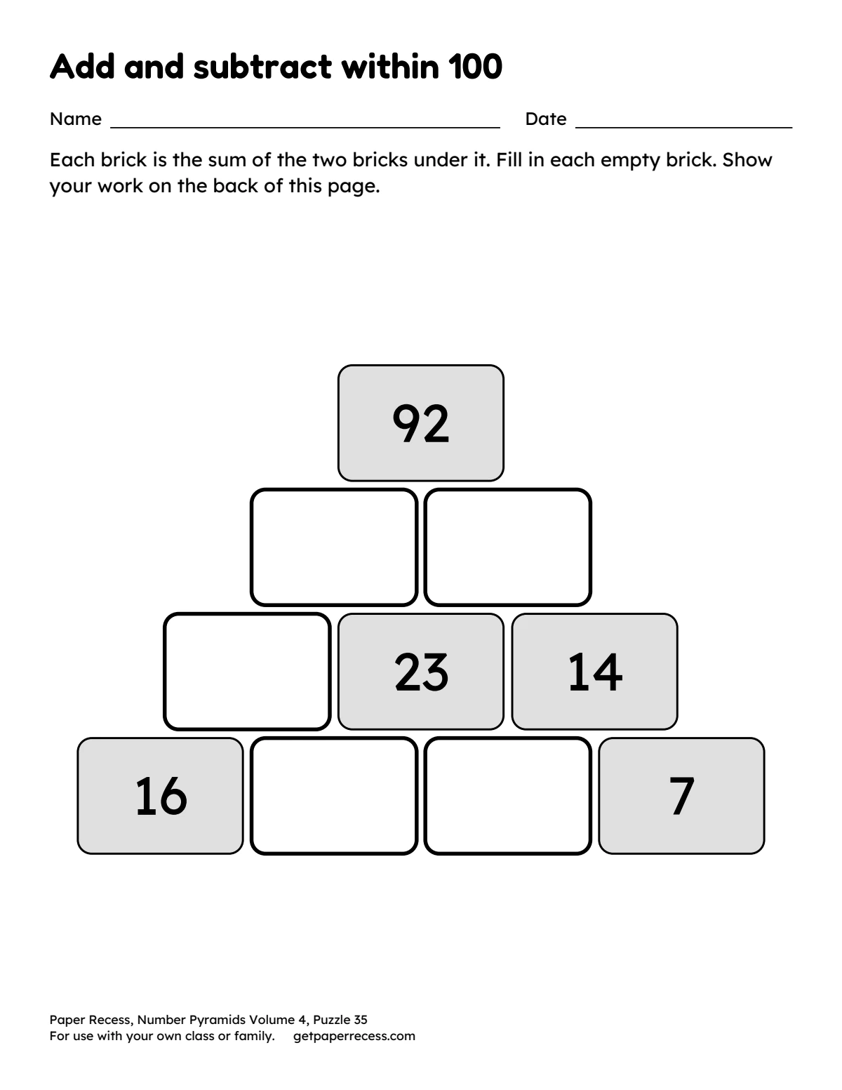 Number Pyramids Volume 4, Puzzle 35: Add and subtract within 100