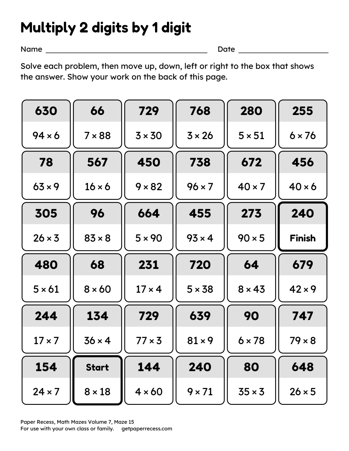 Math Mazes Volume 7, Maze 15: Multiply 2 digits by 1 digit