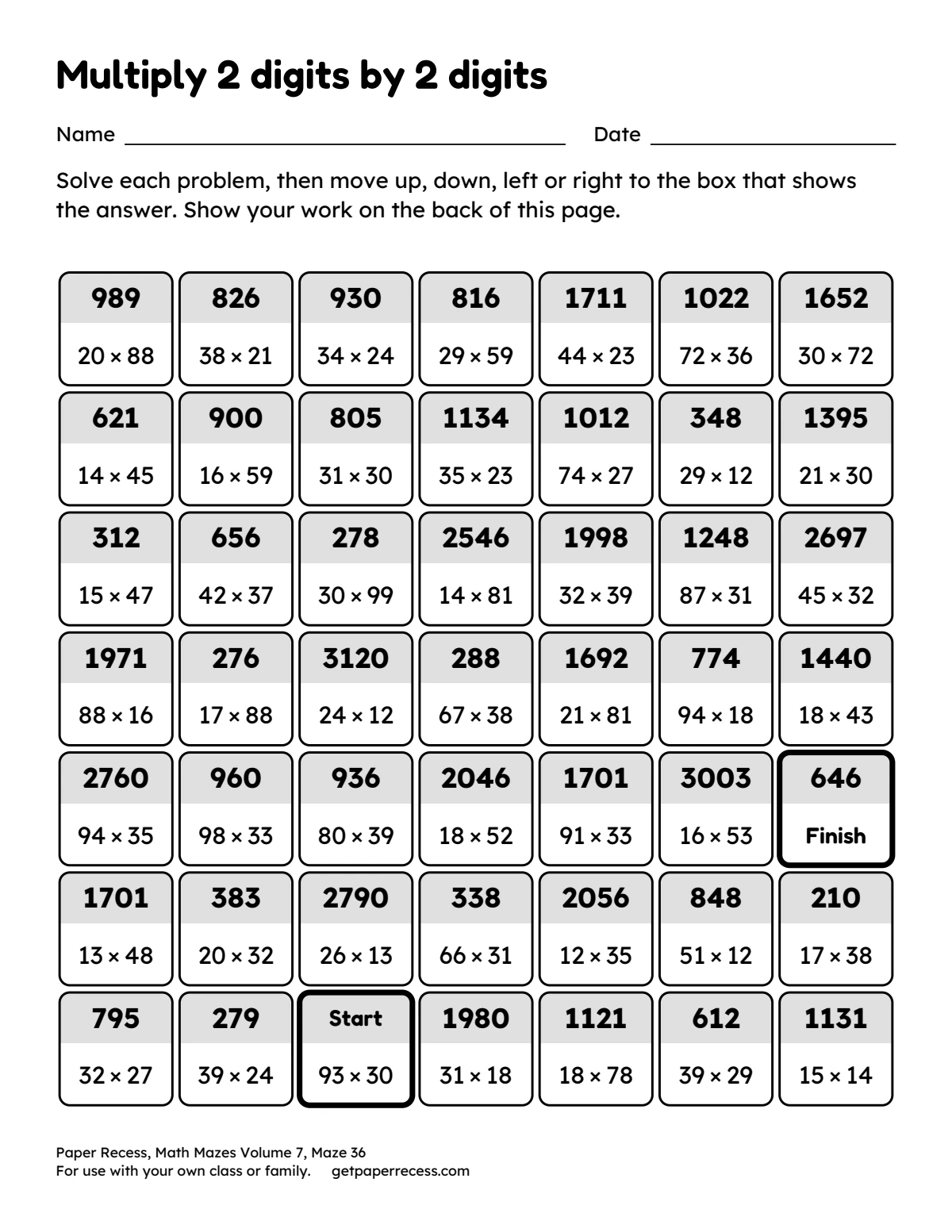 Math Mazes Volume 7, Maze 36: Multiply 2 digits by 2 digits
