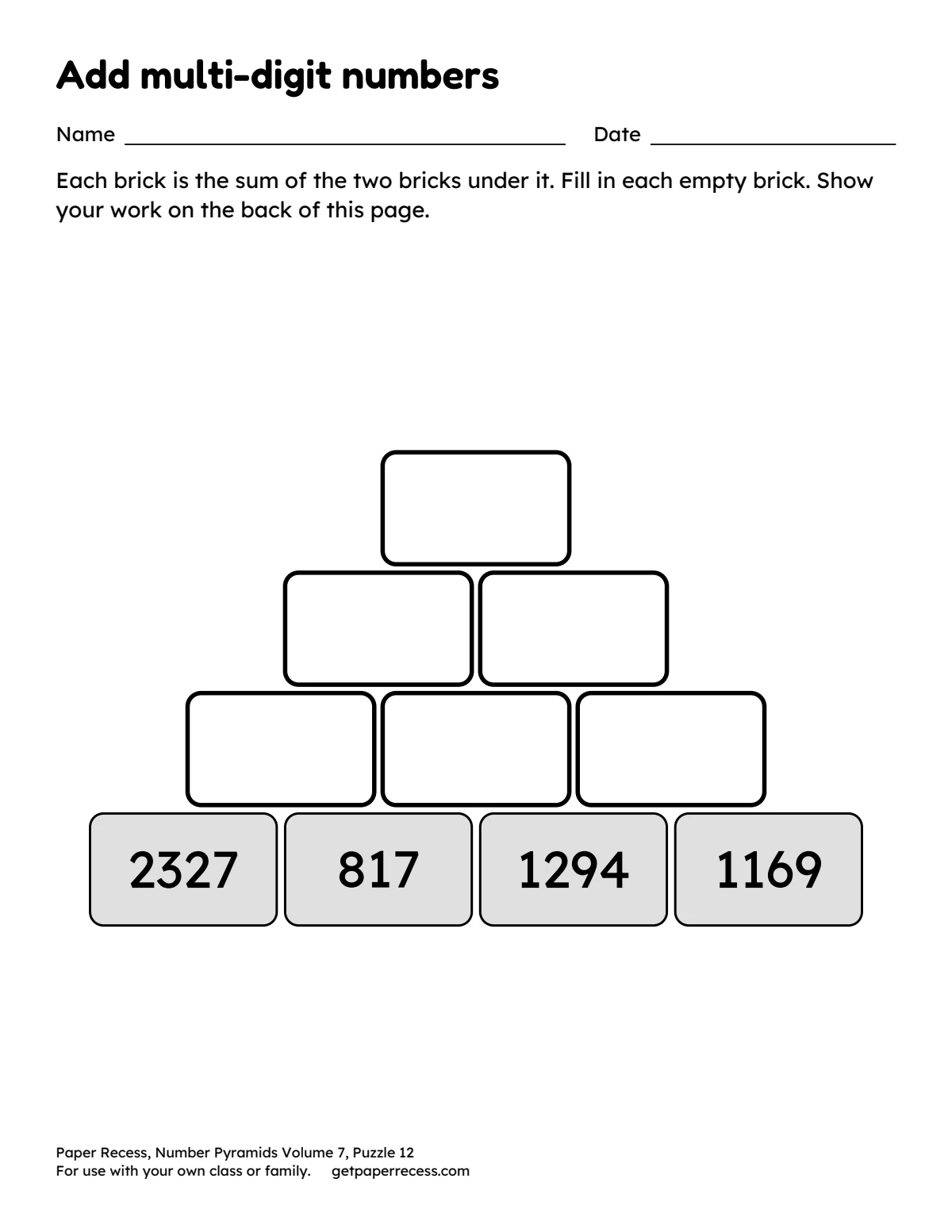 Number Pyramids Volume 7, Puzzle 12: Add multi-digit numbers