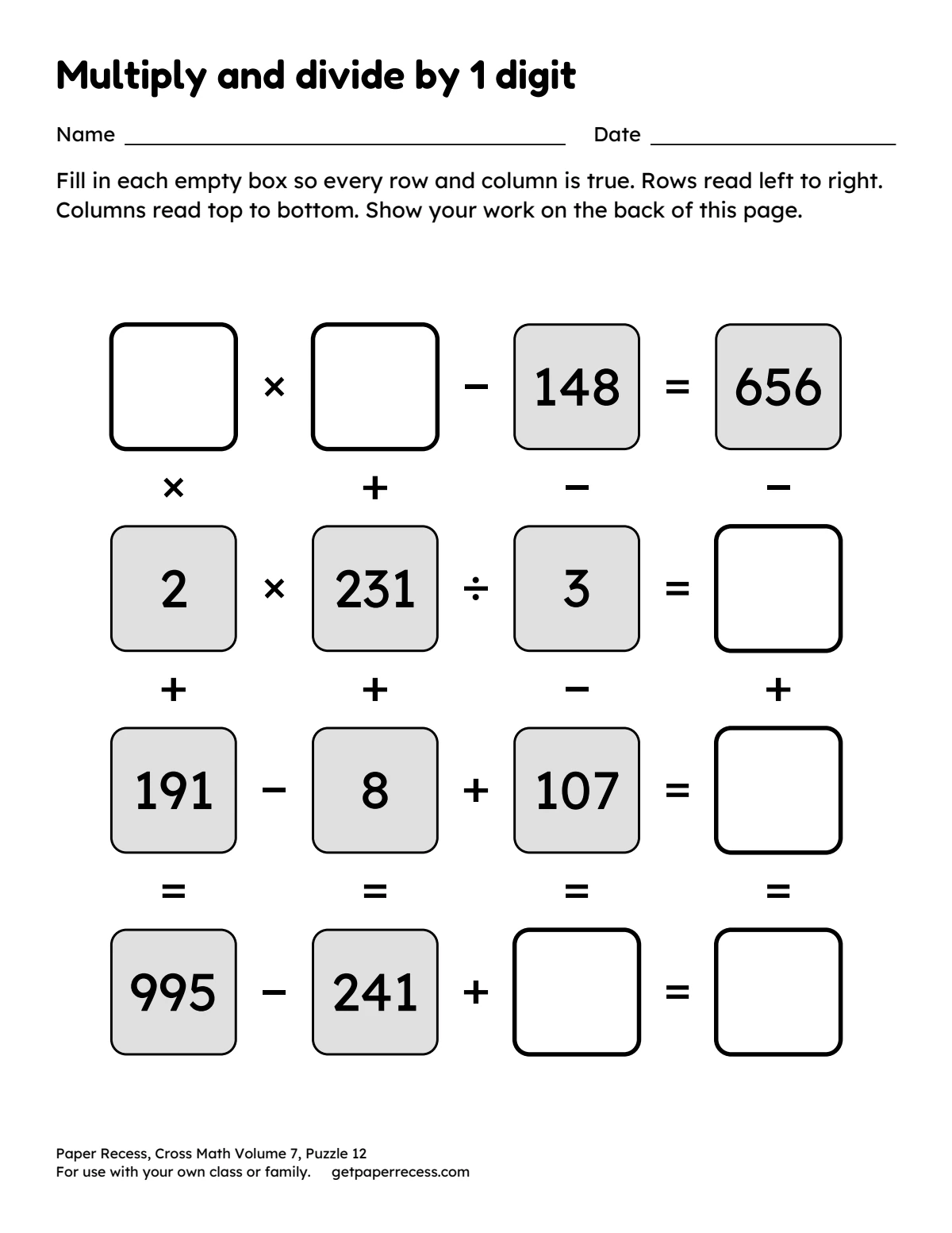 Cross Math Volume 7, Puzzle 12: Multiply and divide by 1 digit