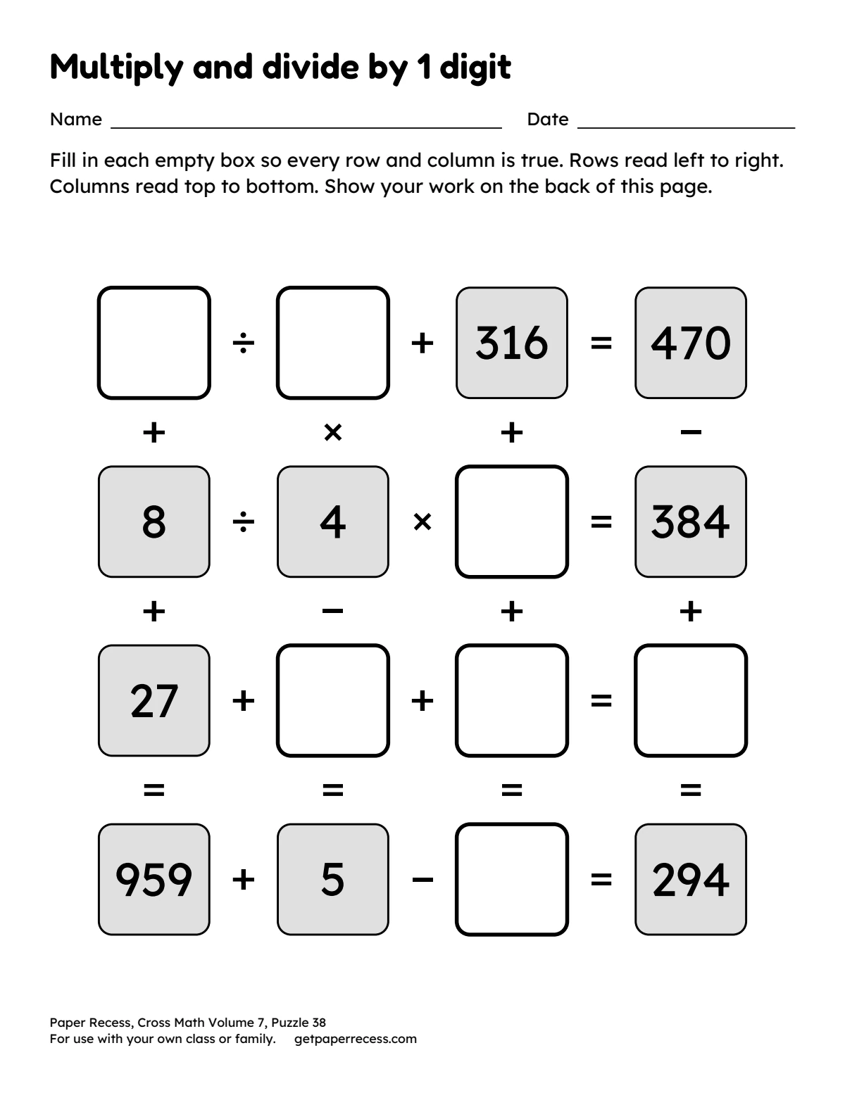 Cross Math Volume 7, Puzzle 38: Multiply and divide by 1 digit