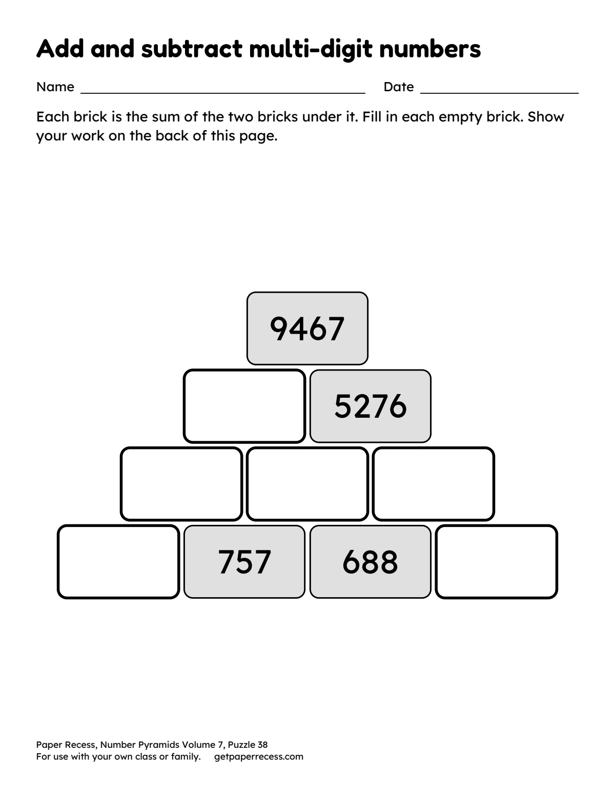 Number Pyramids Volume 7, Puzzle 38: Add and subtract multi-digit numbers