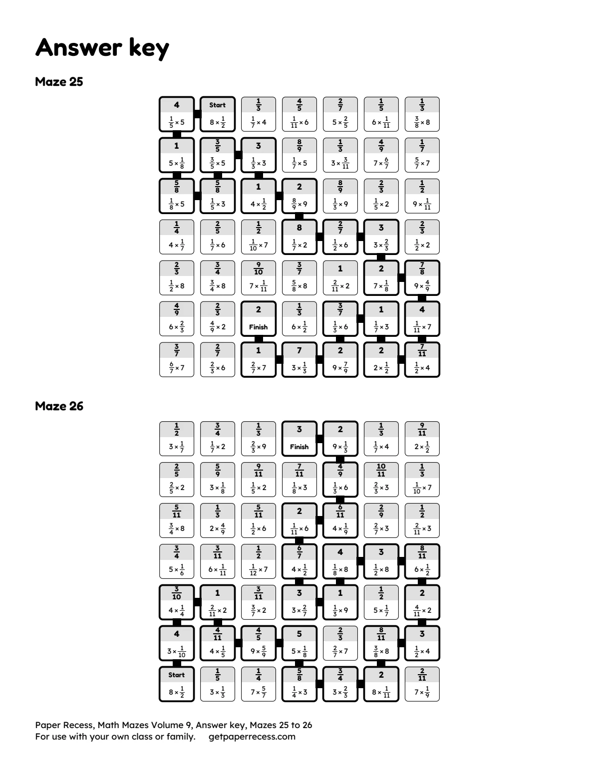 Math Mazes Volume 9 answer key for mazes 25 to 26