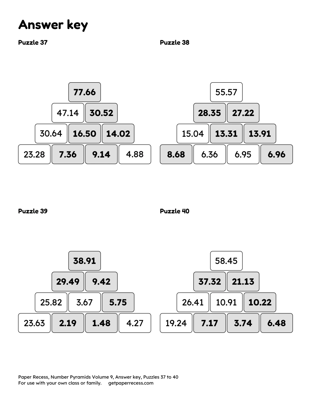 Number Pyramids Volume 9 answer key for puzzles 37 to 40
