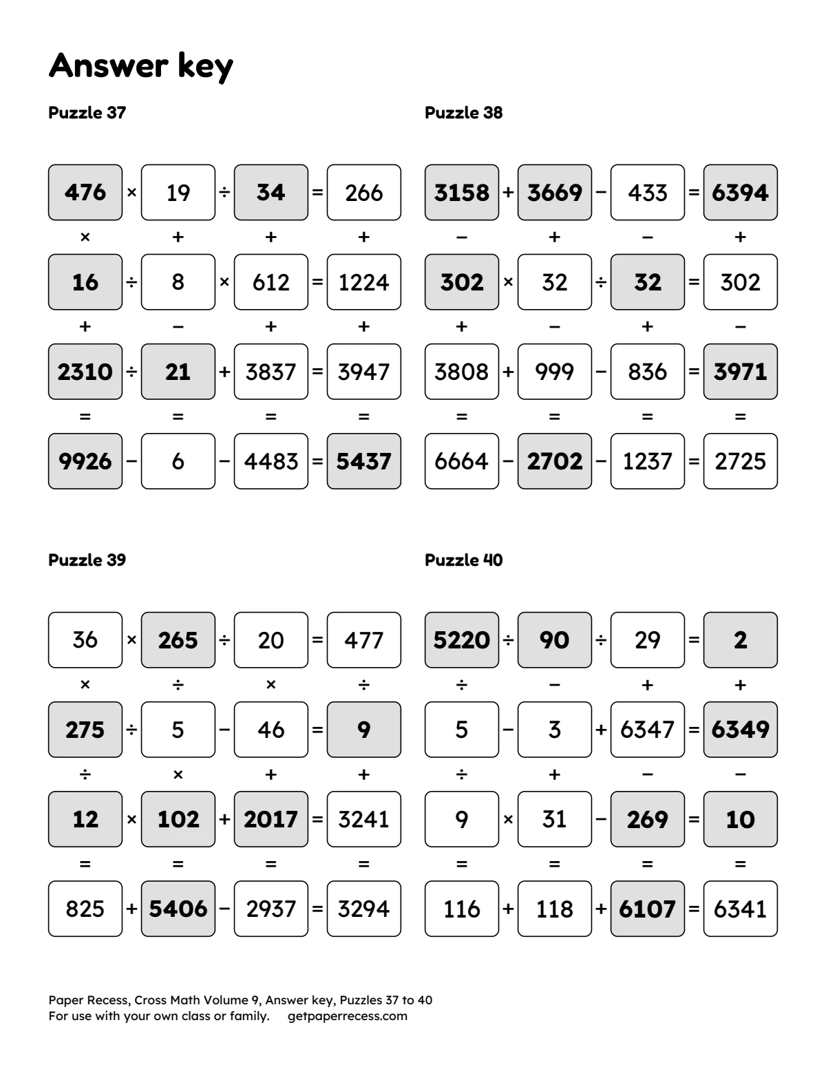 Cross Math Volume 9 answer key for puzzles 37 to 40