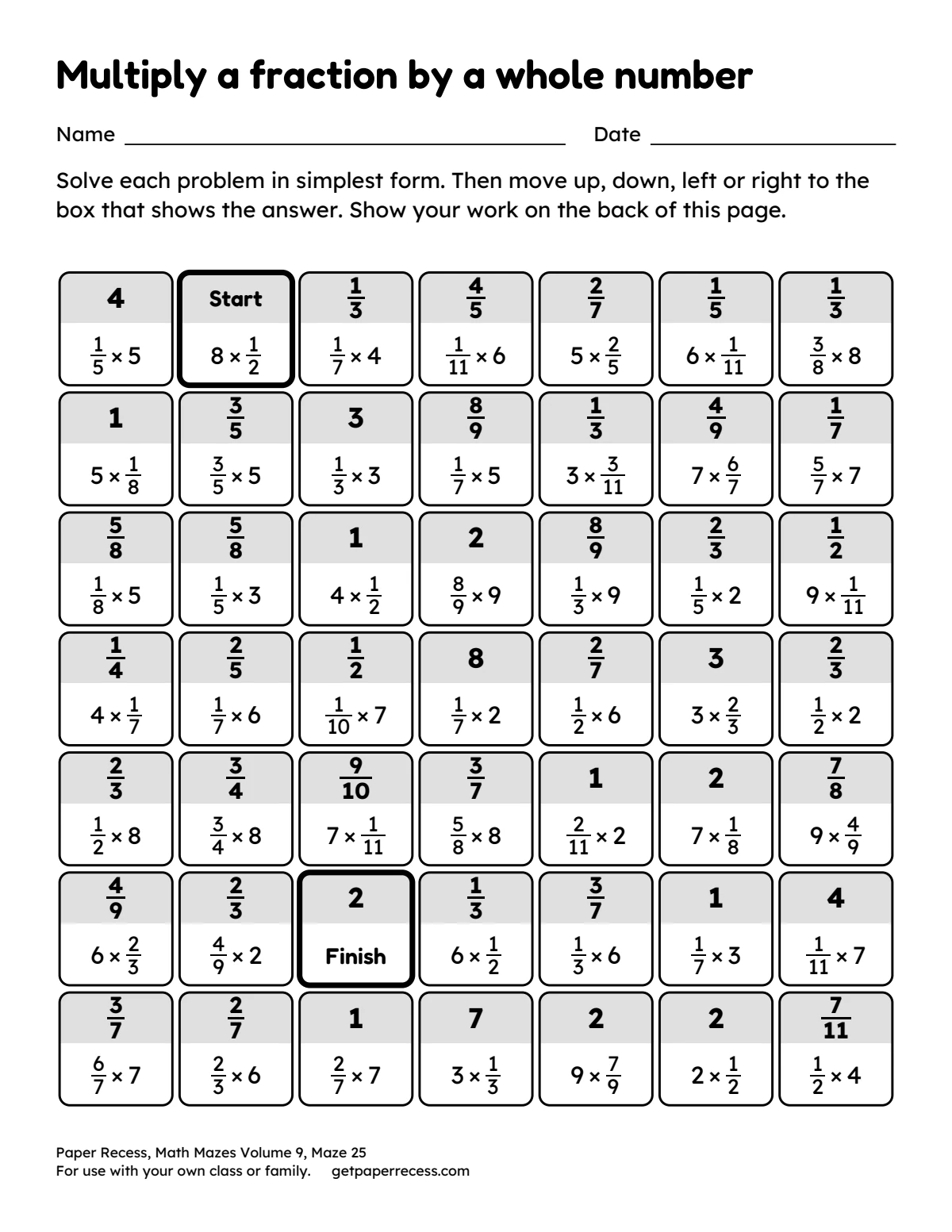 Math Mazes Volume 9, Maze 25: Multiply a fraction by a whole number