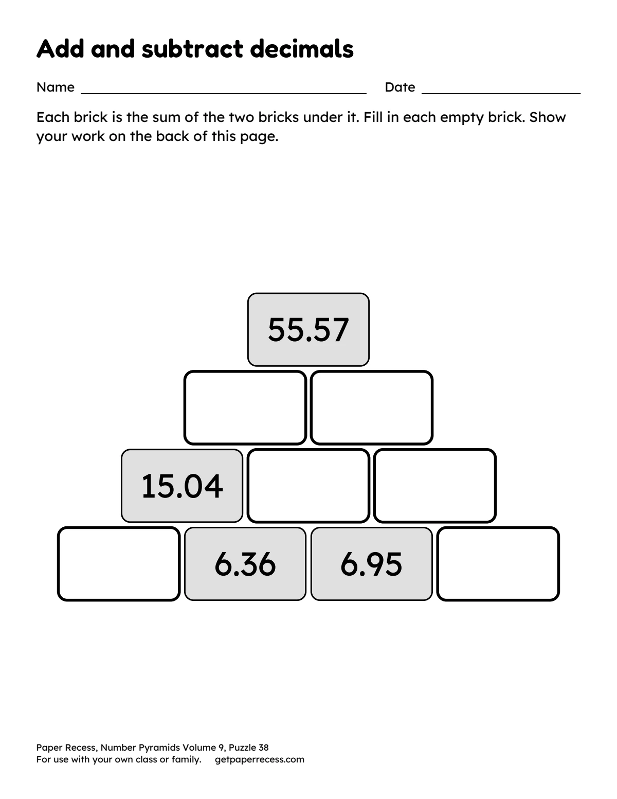 Number Pyramids Volume 9, Puzzle 38: Add and subtract decimals