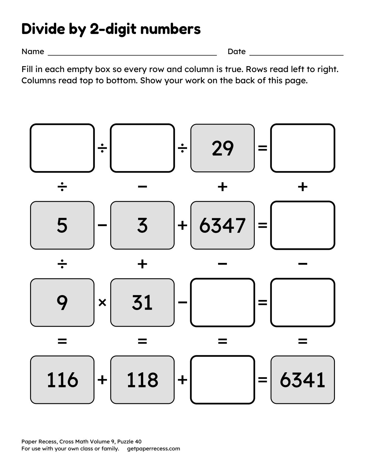 Cross Math Volume 9, Puzzle 40: Divide by 2-digit numbers